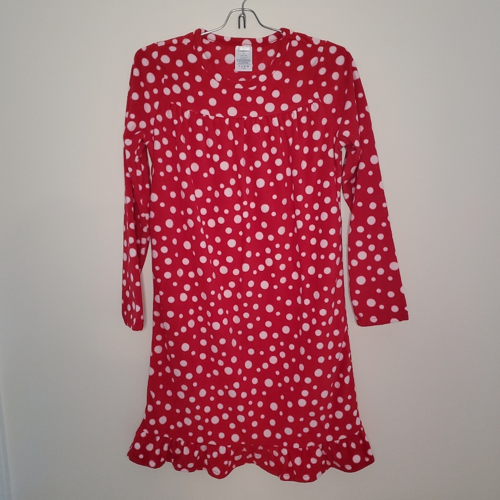 Lands End fleece red and white polka dot nightgown